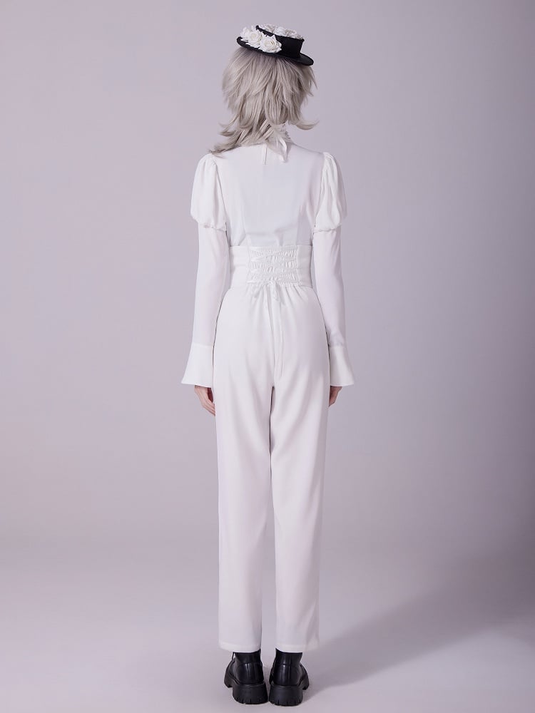 White Long Juliette Sleeve Shirt with Ruffled Neckline and Jabot - DevilInspired Exclusive Collection
