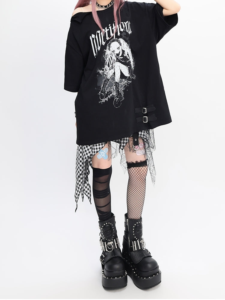 Y2K ブラック スナップディテール ネックライン アニメプリント ガール ルーズTシャツ