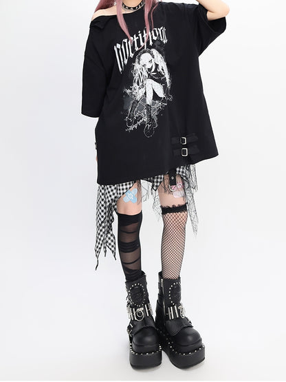 Y2K ブラック スナップディテール ネックライン アニメプリント ガール ルーズTシャツ