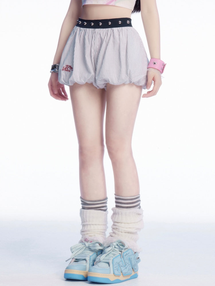 刺繍ミニバブルスカートパターンホワイトストライプ文字