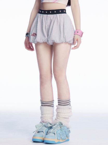 刺繍ミニバブルスカートパターンホワイトストライプ文字