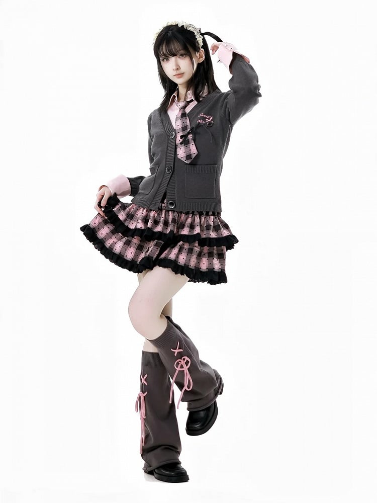 ディテール レースアップ 46CM レッグウォーマー ピンク コントラスト ダークグレー