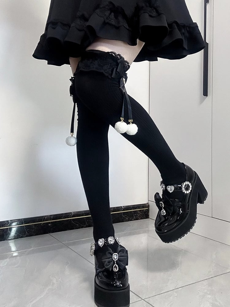 ジライケイ ポンポンディテール レースカフス 蝶結び オーバーニーストッキング