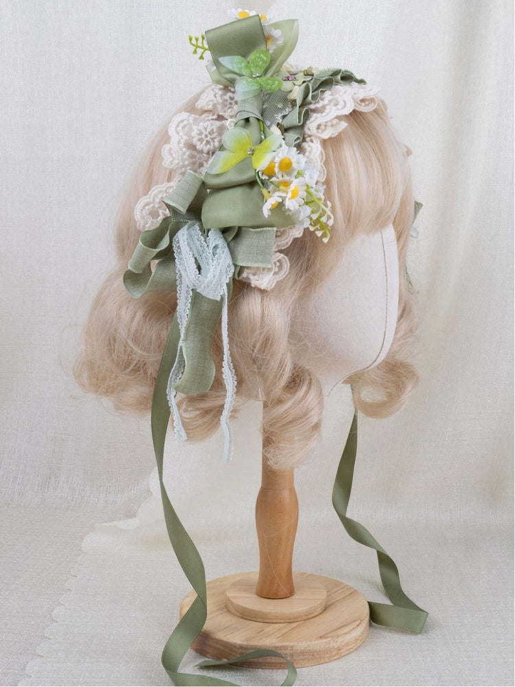 Lolita Butterfly Hairband Green White Daisy Decorated and