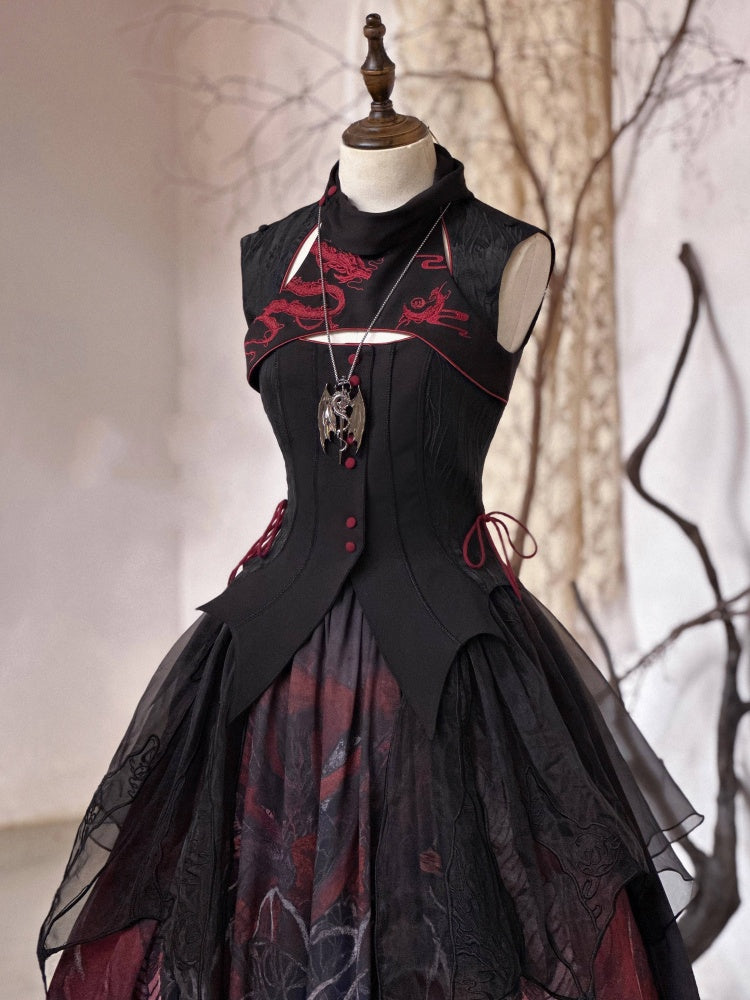 Black Gothic Dragon Embroidery Sleeveless Top Cutout Detail