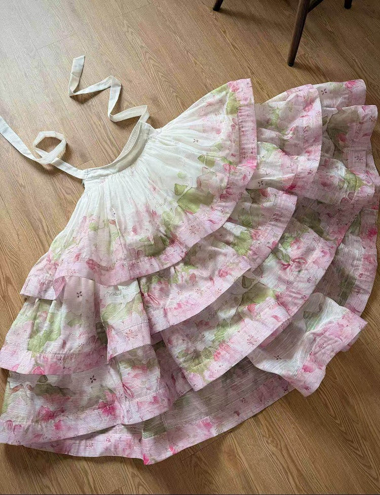 Pink Rhododendron Print Lolita Three Layers High-low Skirt - Deer-seeking Letter Lolita