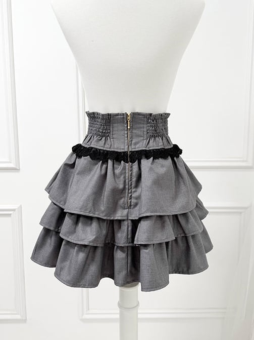 Jirai Kei Gray Three-Tiered Elevated Waist Skirt - nekura