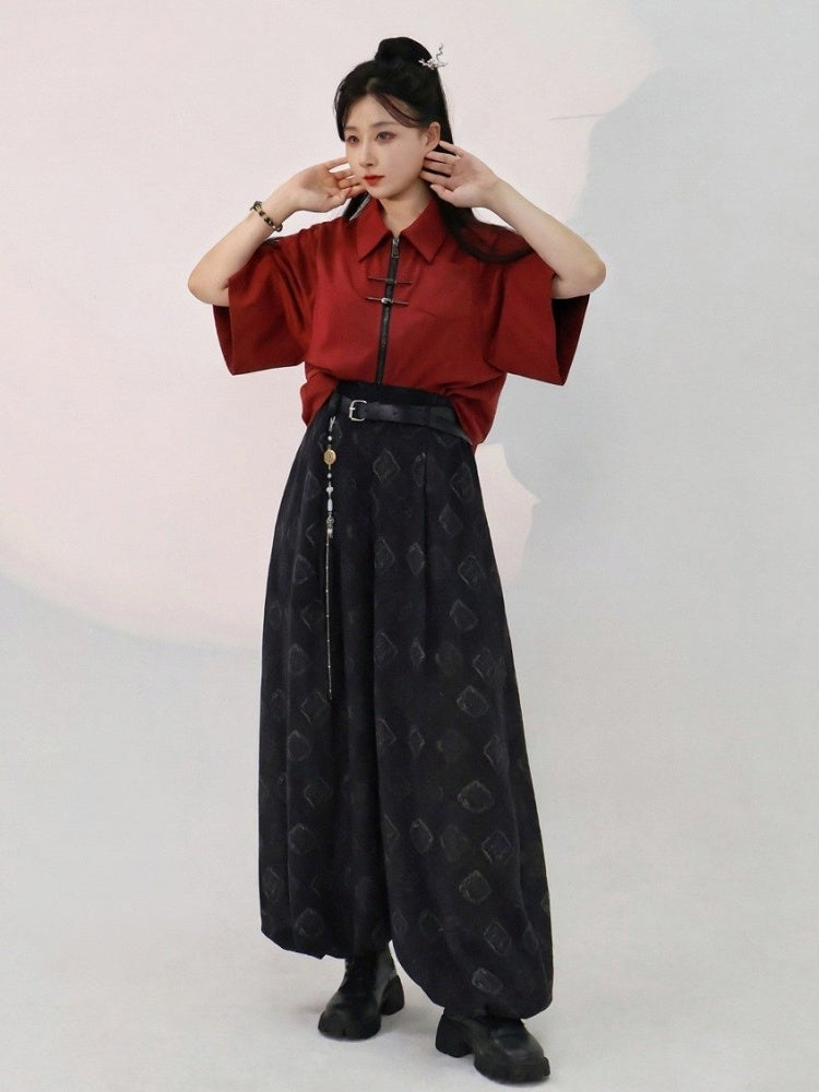Chinese Red Short Sleeve Cotton Top Metal Frog Fastener