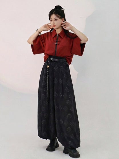 Chinese Red Short Sleeve Cotton Top Metal Frog Fastener