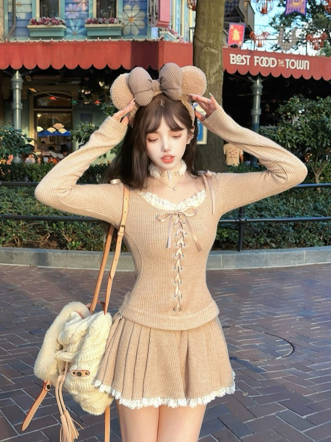 Bow Knit With Adjustable Milk Front Lace-Up Hoodie Tea Accents