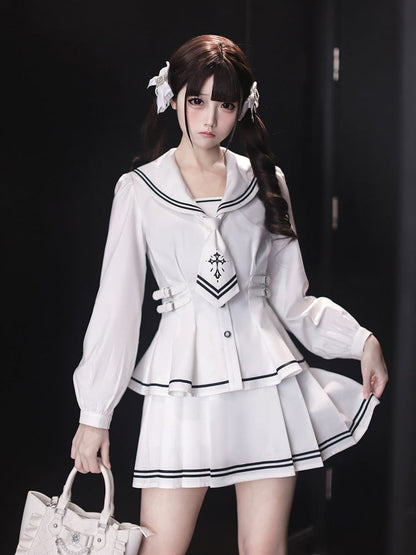 White Long-Sleeve Sailor Collar Top with Neck Tie - Ekomi