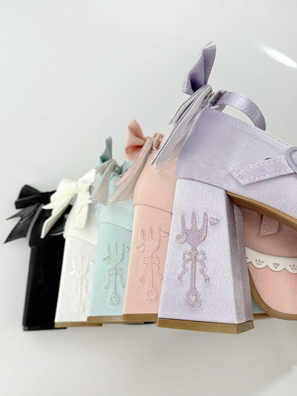 Pink Lolita Lace Bowknot Buckle Straps Fork Embroidery Platform Block High Heels