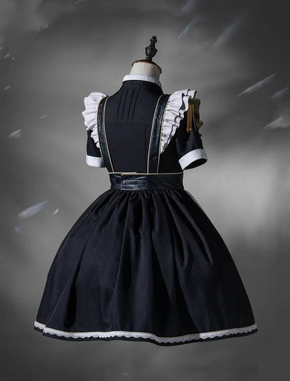 Kleid kurz Militär voller Lolita Flatterärmel und Dienstmädchen Schürze Set schwarz