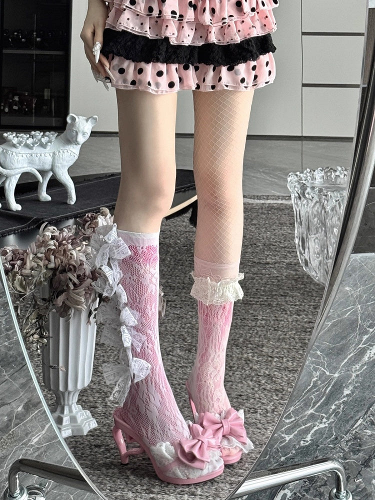Pink Heart Shaped Heel Shoes with Bowknot Lace Details - LilGyaru