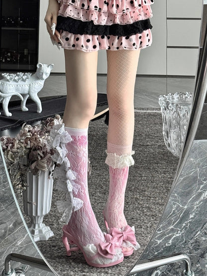 Pink Heart Shaped Heel Shoes with Bowknot Lace Details - LilGyaru