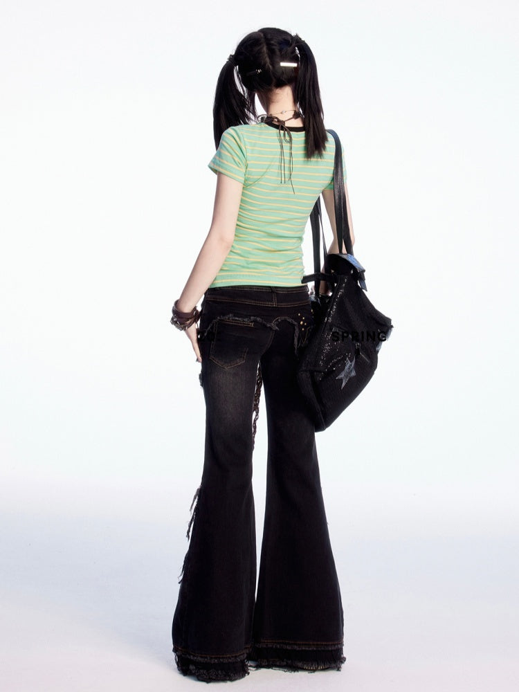 Schwarze Cargojeans mit niedrigem Bund und offenem Saum im Vintage-Stil