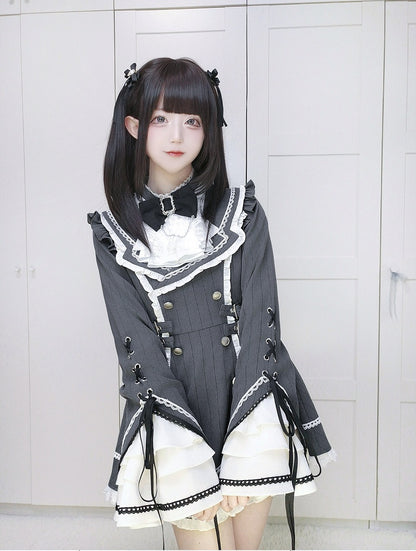 + Shorts Kei Matching Set Striped Bell Dark Jirai Sleeves Gray Dress