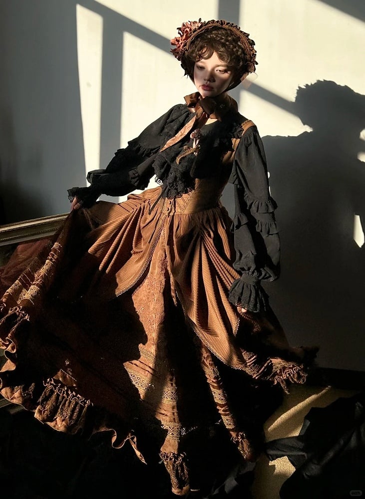 Lolita Brown Bust with Under Waist Embroidery Dress Detail Gothic Boned