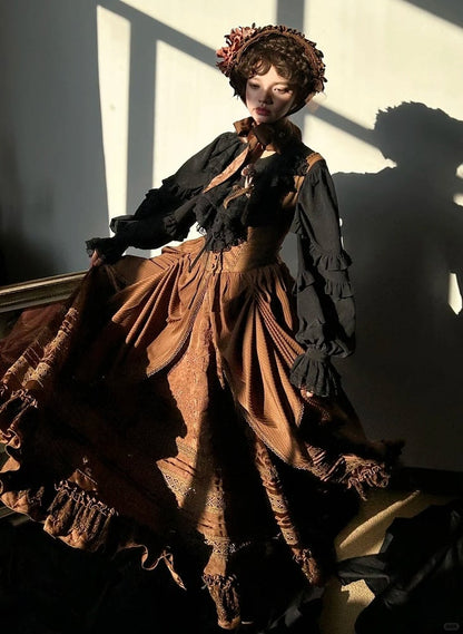 Lolita Brown Bust with Under Waist Embroidery Dress Detail Gothic Boned