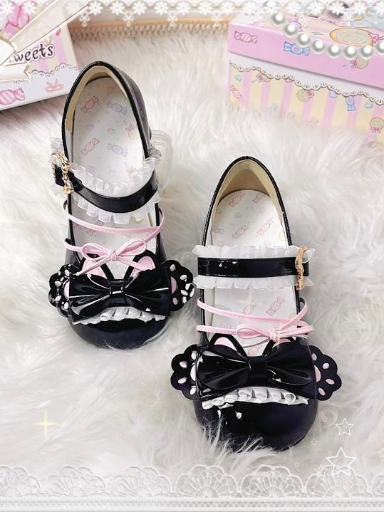 Janes Mid-heel PU Mary Toe Heels Black Sweet Cat Paw at Round Bow Top Pink Lolita Shaped -