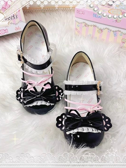 Janes Mid-heel PU Mary Toe Heels Black Sweet Cat Paw at Round Bow Top Pink Lolita Shaped -
