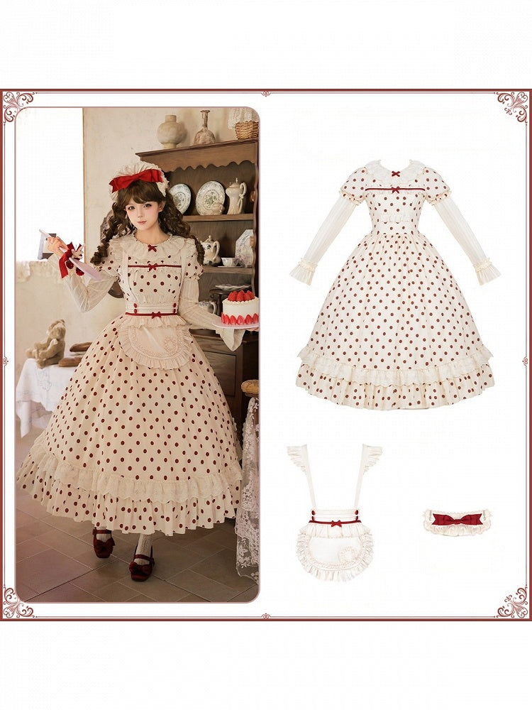 Long Beige and Red Polka Dot Puff-Sleeve Faux Layered Lolita OP Set with Apron - With PUJI