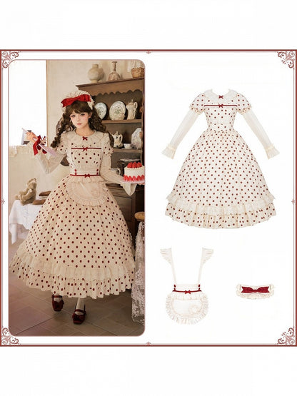Long Beige and Red Polka Dot Puff-Sleeve Faux Layered Lolita OP Set with Apron - With PUJI