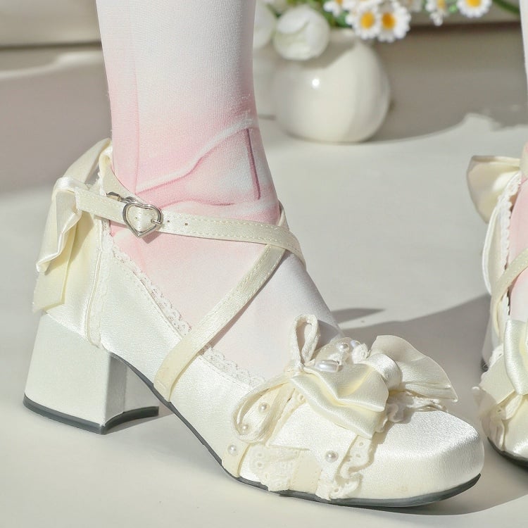 Mid-heel Toe Satin - Square Elegant Janes Accents Mary Bow Champagne Lolita