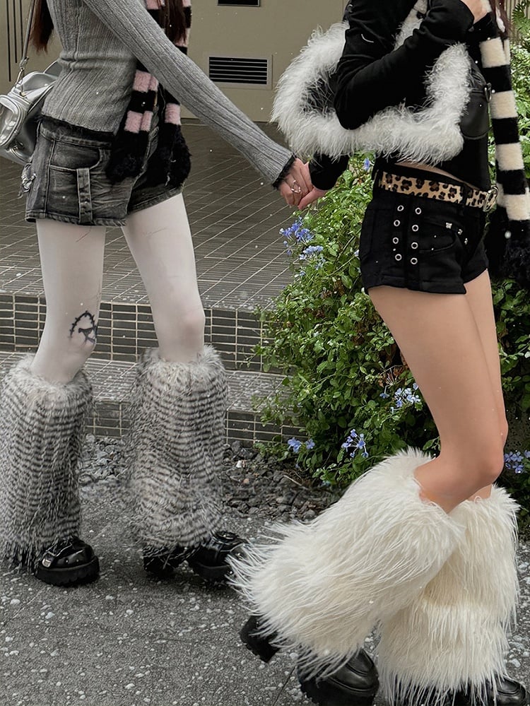 Weiß/Grau/Kaffee Y2K Shaggy Beinwärmer
