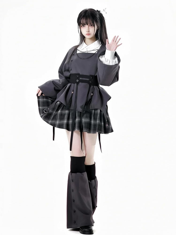 チャイナドレス カフス トップチェーン付き ビーズスタイル ブラック/グレー スクエアネックライン 刺繍入り