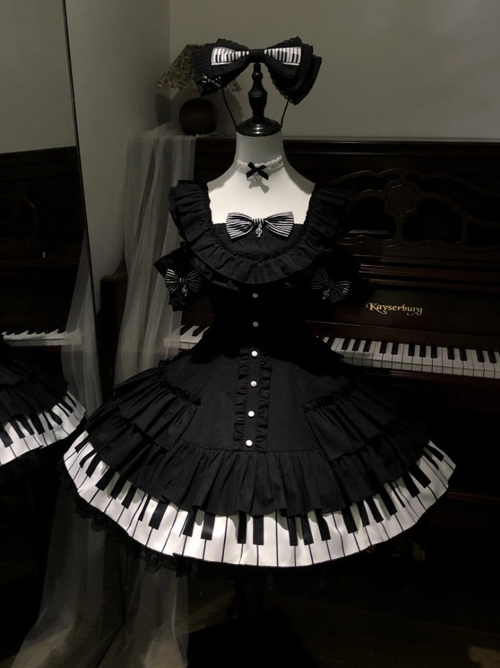 Piano Motif JSK Dress in Black and White with Bow Accents and Ruffled Trim - Wuyu Love Letter