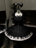 Piano Motif JSK Dress in Black and White with Bow Accents and Ruffled Trim - Wuyu Love Letter