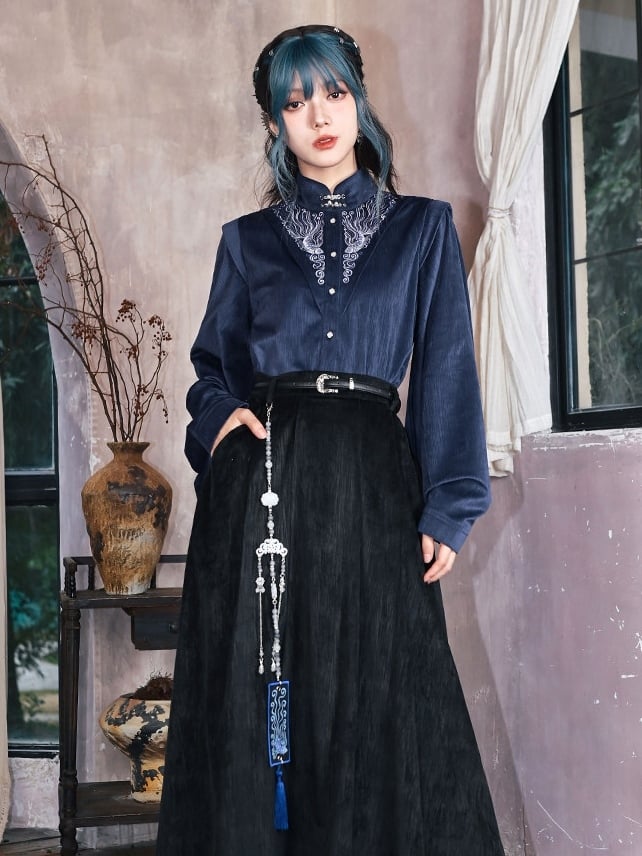 Sleeves Cheongsam - Collar Navy Blue Blouse Goth Mandarin Pipa