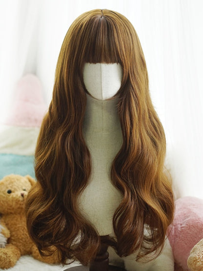 Schwarz/Weiß/Hellblond/Blond/Karamell/Grau, hüftlange, gewellte Perücke mit vollem Pony