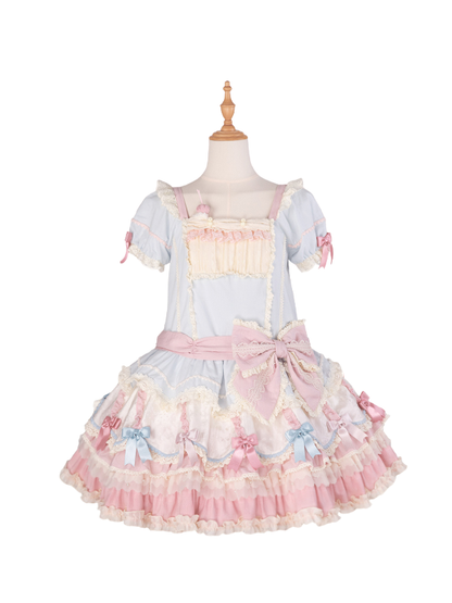 Waist Dropped Blue Sweet Bowknot Hem Dress Layered Details Lolita and Pink