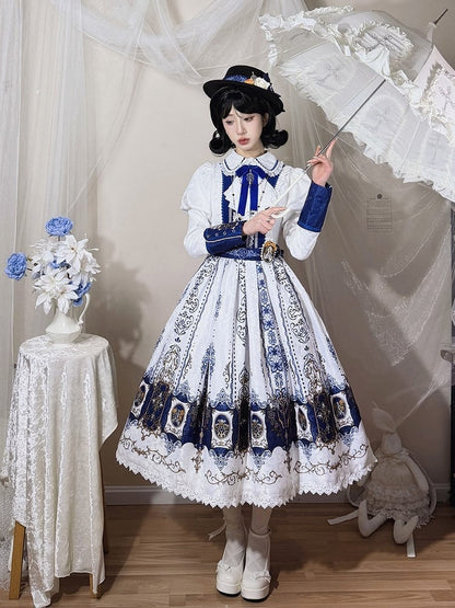 Gothic Sleeves Lolita with Bat Print Juliette Blue Dark Dress Wings White Candelabras
