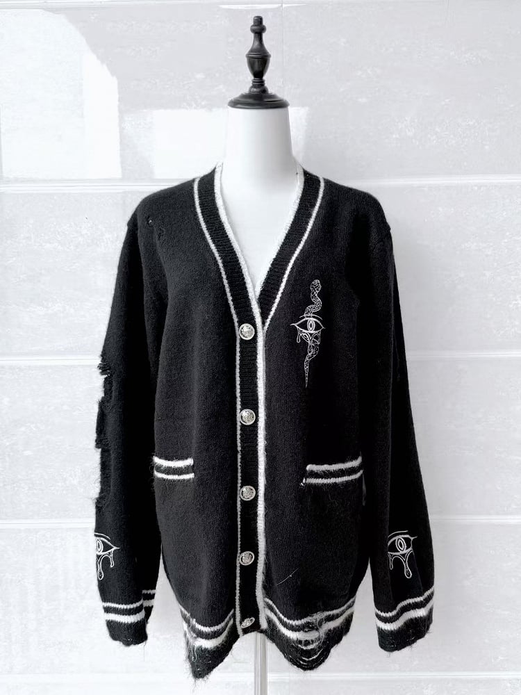 Augen- und Schlangenstickerei-Strickjacke Guro Distressed Holes Kawaii Schwarz mit