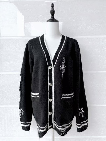Augen- und Schlangenstickerei-Strickjacke Guro Distressed Holes Kawaii Schwarz mit