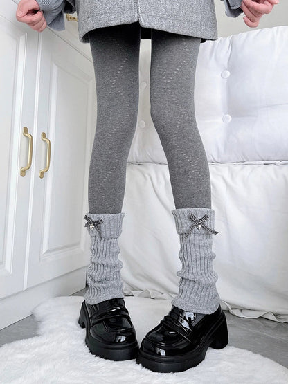 Light Leg Slouchy Warmers Bow Ribbed Gingham Gray