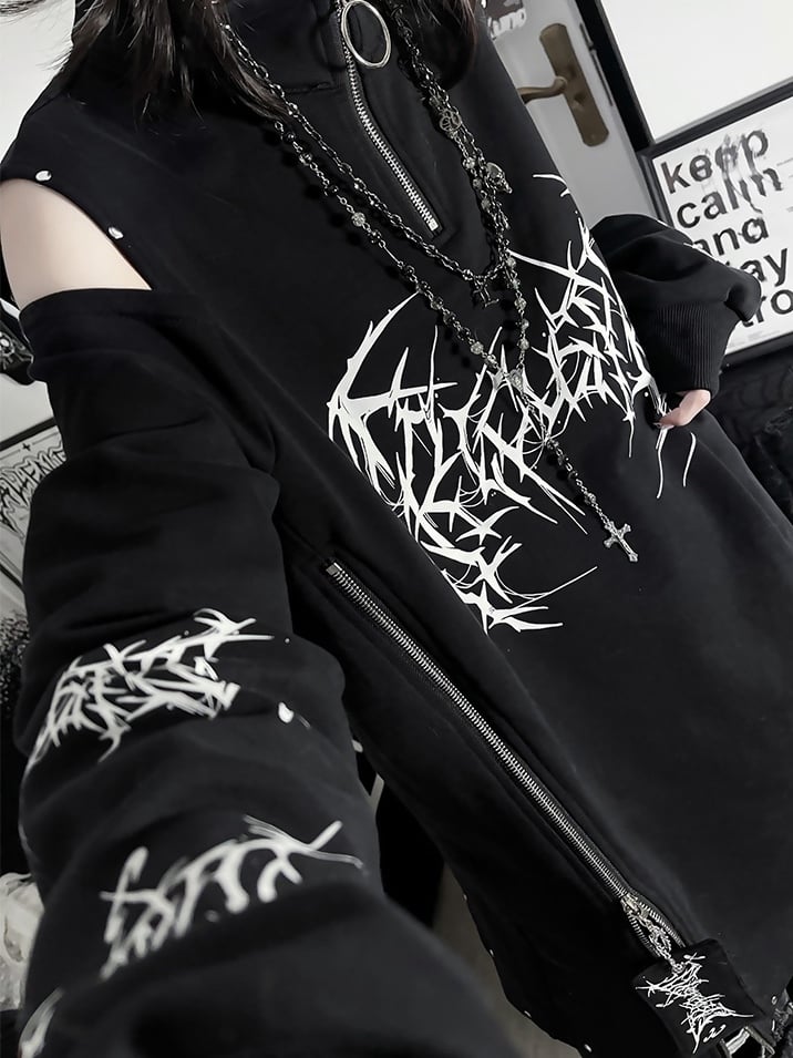 エモパンクショルダーカットアウトブラックレッドスウェットシャツデザイン