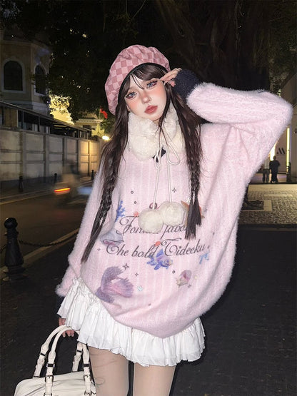 V-Neck Plush Sweater with Oceanic Prints Cozy Pink Stripes