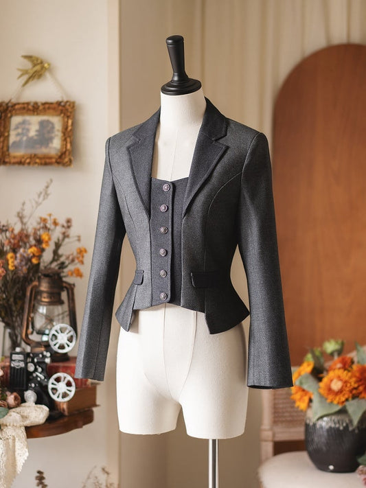 with Buttons Metal Cropped Blazer Autumn/Winter Gray Vintage