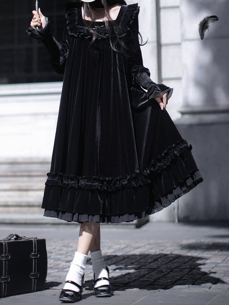 Square Dress Velvet Black Elegant Neckline