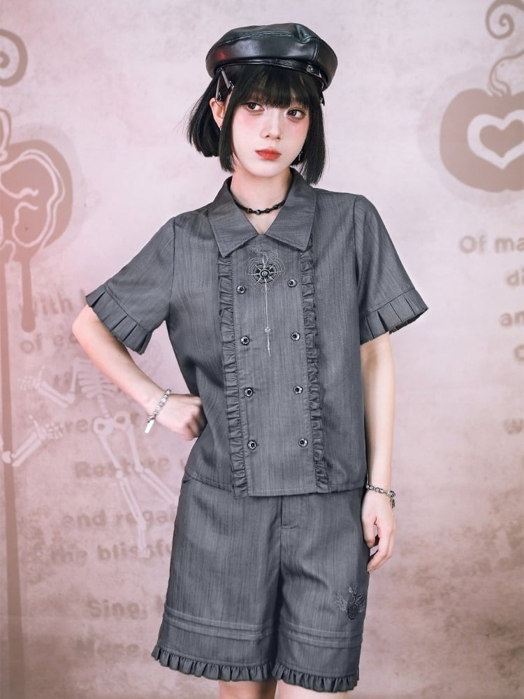 Gray Apple Embroidered Shorts with Ruffle Trim - Quirky Hut