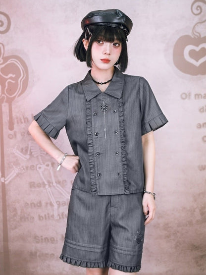 Gray Apple Embroidered Shorts with Ruffle Trim - Quirky Hut
