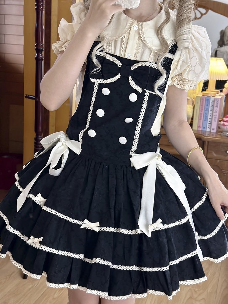 Double-Breasted Black Trim Sweet with Lolita Overall Buttons White Lace Dress and
