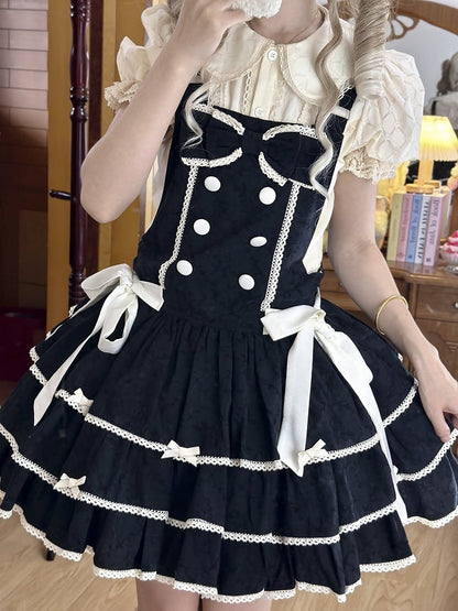 Double-Breasted Black Trim Sweet with Lolita Overall Buttons White Lace Dress and