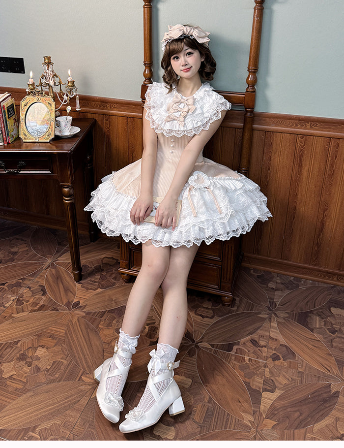 Lolita Fabric Champagne Layered Neck Ruffle Striped Dress Fit Slim Sweet Waist Sleeveless