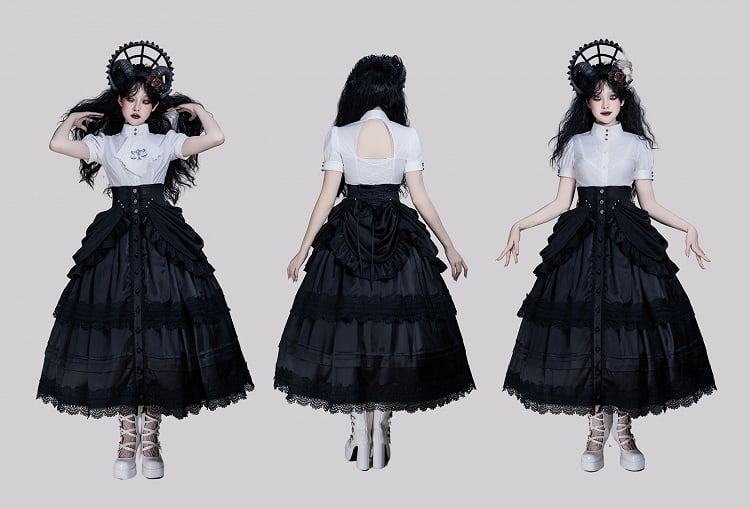 Boned High-Waist Gothic Skirt with Detachable Overlay