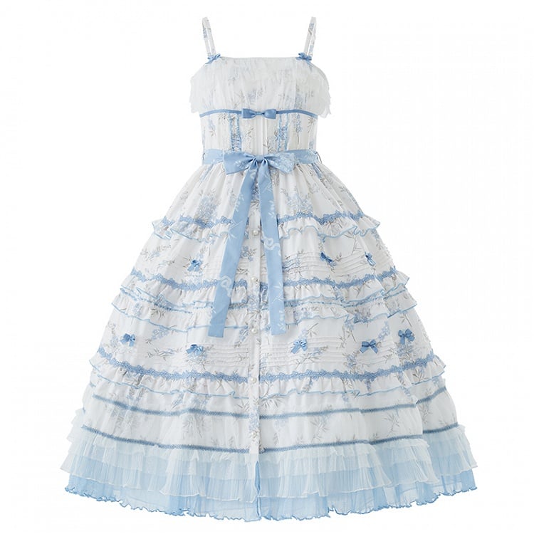Ruffles White Floral Version Short Blue Lolita Classic Print Elegant Layered Dress